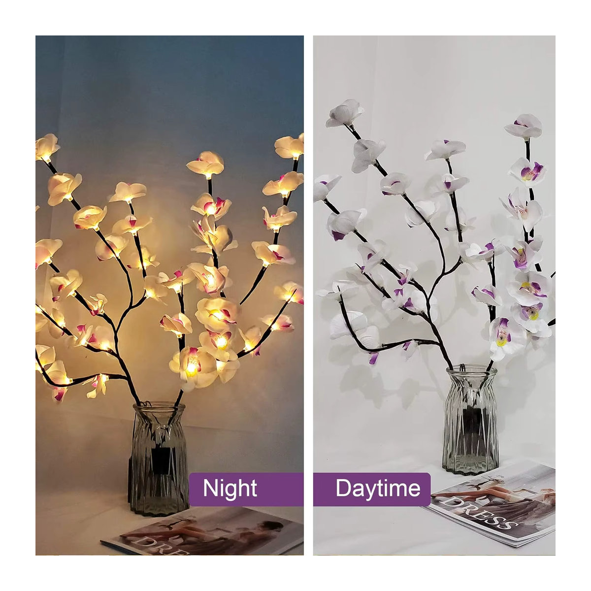 Peach Forest Schmetterlings-Orchideen-Baum-Lichter in Weiß und Violett, batteriebetriebene Dekolampe für dein Zuhause - Bild 2