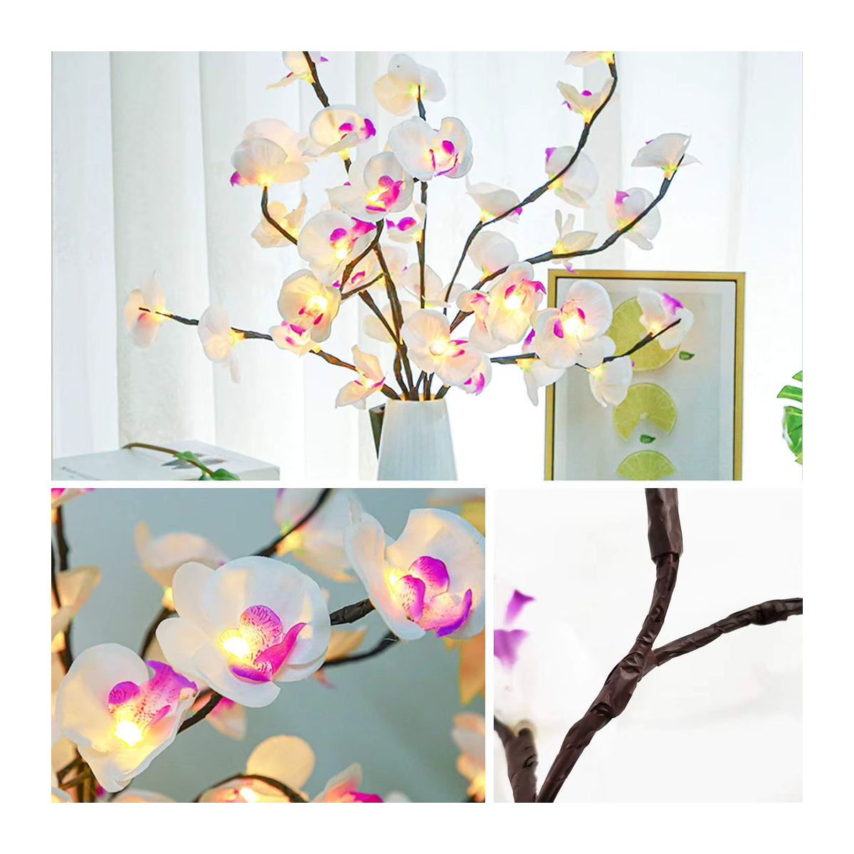 Peach Forest Schmetterlings-Orchideen-Baum-Lichter in Weiß und Violett, batteriebetriebene Dekolampe für dein Zuhause - Bild 4