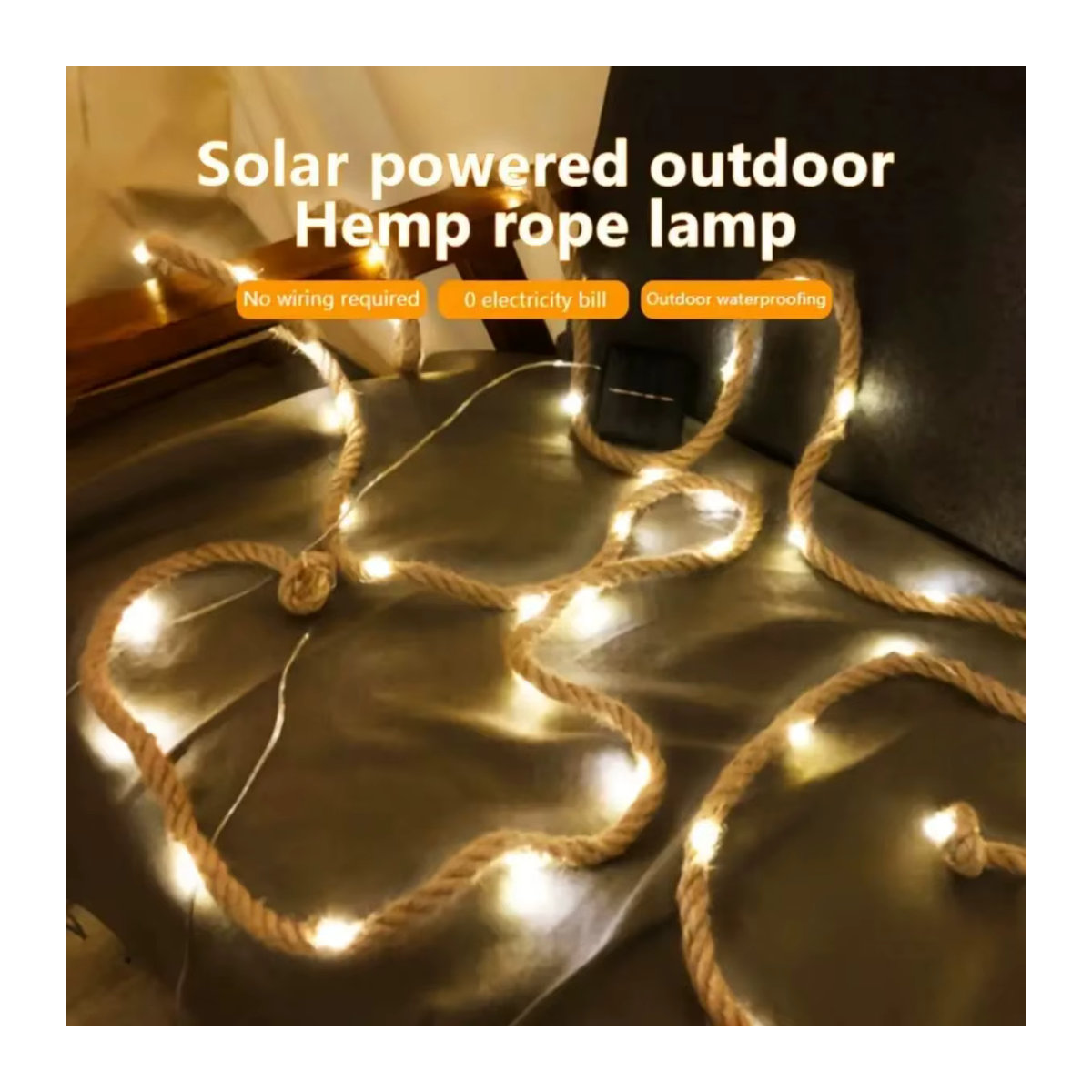 Peach Forest Solar Retro LED Lichterkette mit 50 LEDs aus Hanfseil und Kupferdraht, wasserdicht, Braun - Bild 3