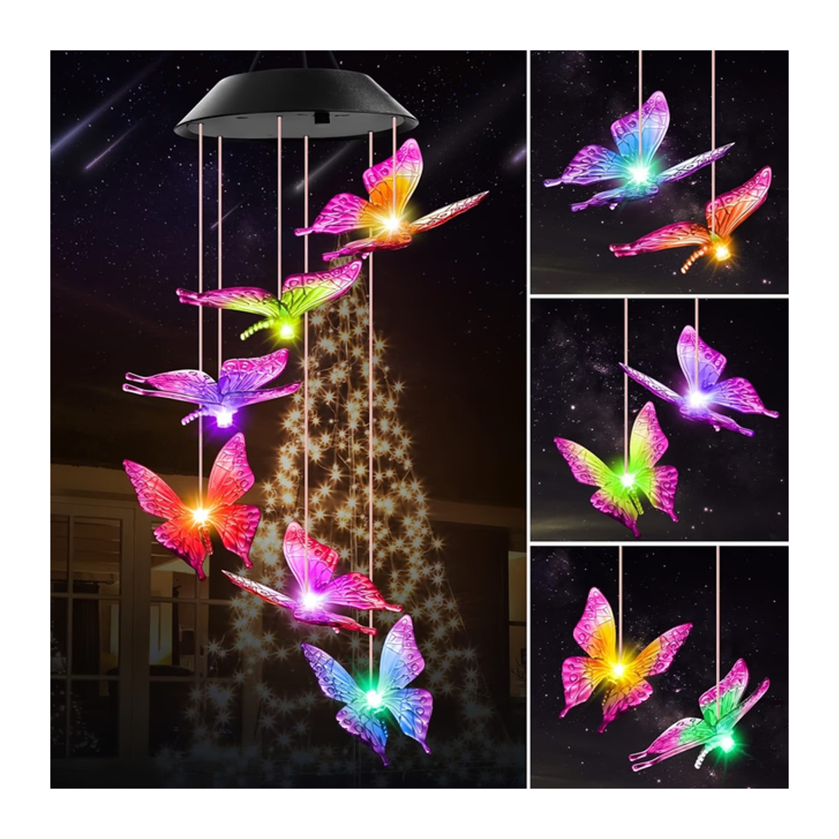 Peach Forest Solar-Schmetterlings-Windspiel mit Farbwechsel-LED in Bunt als hängende Outdoor-Dekoration für Garten und Terrasse - Bild 1
