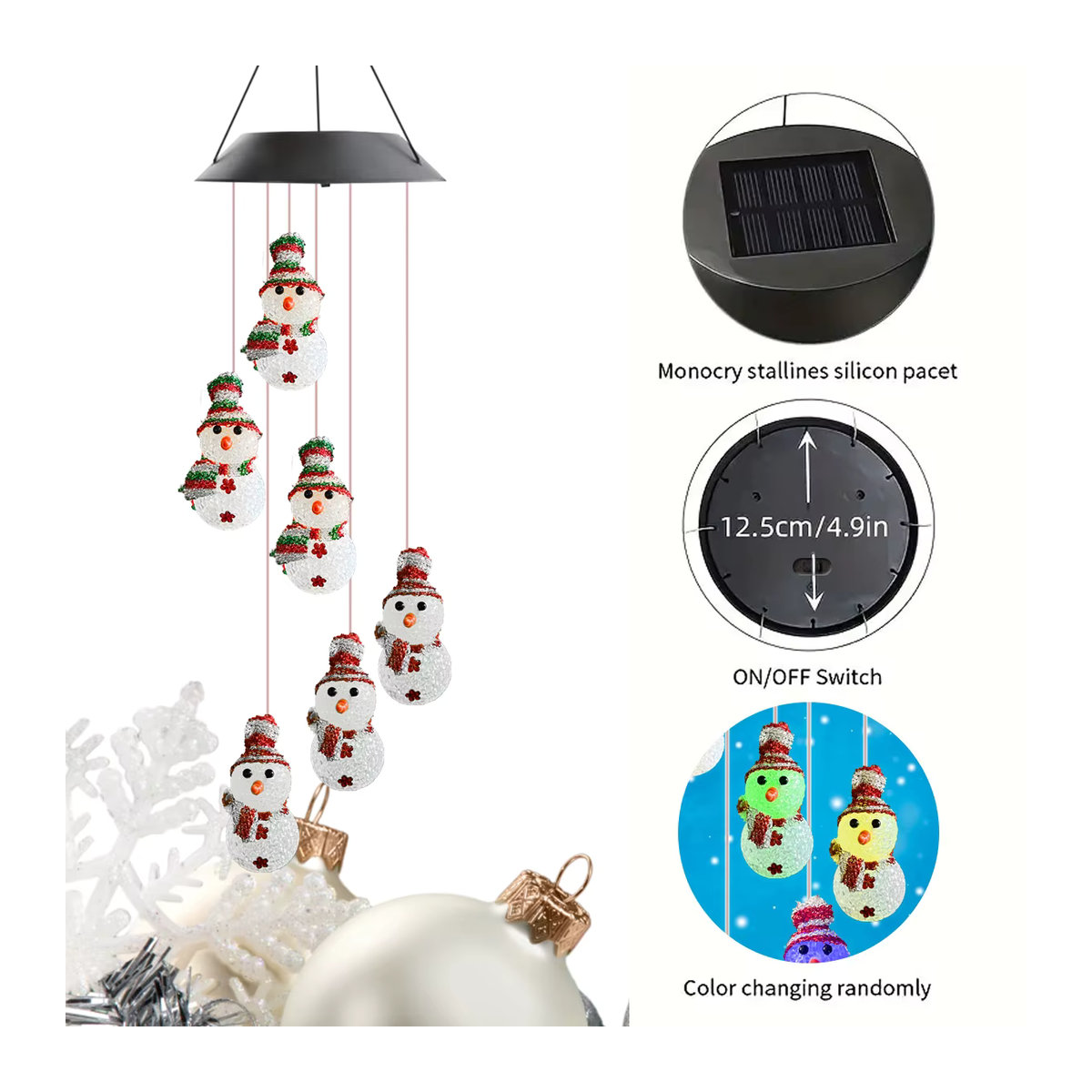 Peach Forest Solar Weihnachten Windspiel Bunter LED Schneemann als wasserdichte Dekolampe für den Außenbereich - Bild 3