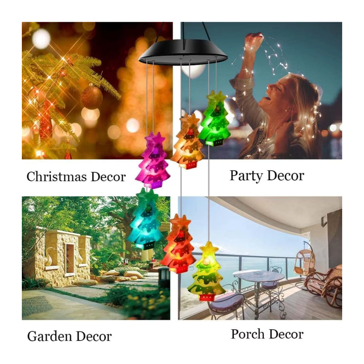 Peach Forest Solarbetriebene UV-Weihnachtsbaum Windspiel-Leuchte mit 6 bunten LEDs für Garten, Balkon und Patio - Bild 6
