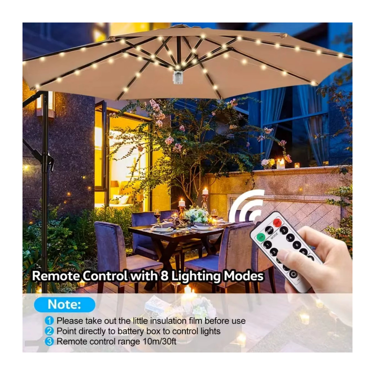 Peach Forest Sonnenschirm Leuchte mit Fernbedienung, wasserdichte 104 LED-Beleuchtung mit 8 Helligkeitsmodi für den Außenbereich - Bild 3