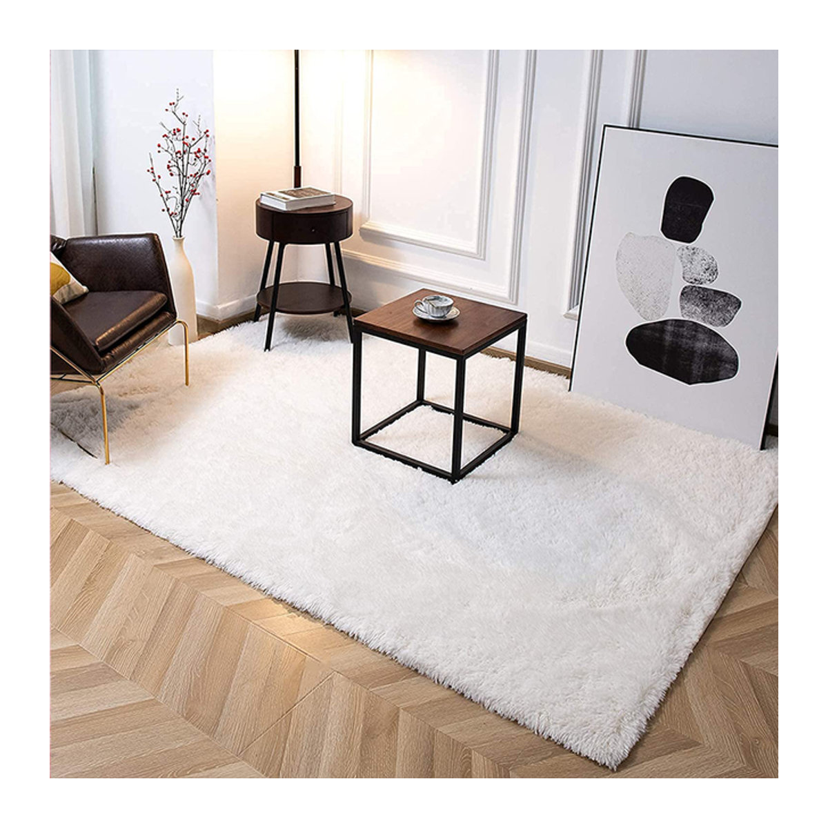 Pelziger Teppich im nordischen Stil von FORSWAN, rutschfeste Wohnzimmer- und Schlafzimmermatte in Schwarz, Grau und Weiß - Bild 1