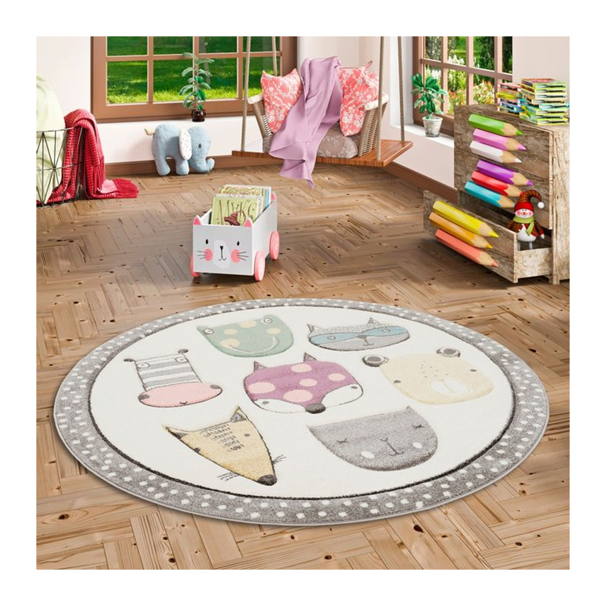 Pergamon Kinder Teppich Maui Kids Happy Animals Rund in Bunt und Weiß - Bild 1