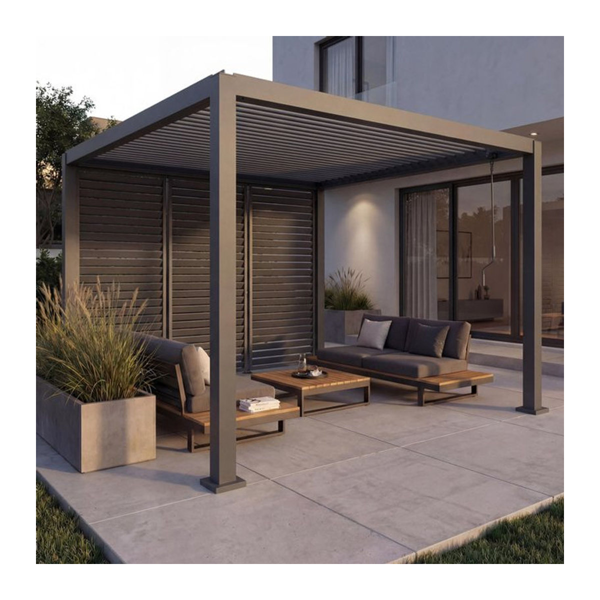Pergola MCW-P65 Lamellen-Pavillon mit 3 Lamellenwänden aus Aluminium in Anthrazit, B/T: 300 x 300 cm - Bild 1