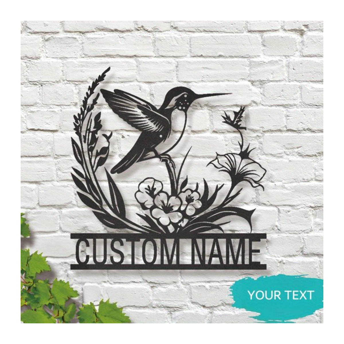Personalisierbares Metall-Wandschild von Hello Young mit Vogel und floralem Blumenmuster in Schwarz im Landhausstil - Bild 1