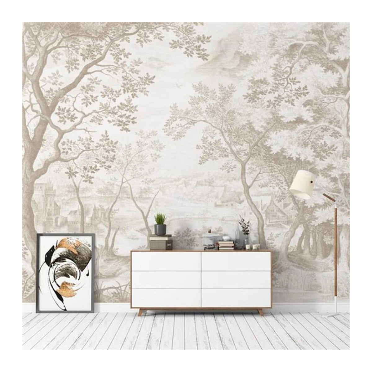 Personalisierte 3D Wandbilder im Retro-Stil mit handgemaltem Regenwald-Motiv, beige Wandtapete für Wohnzimmer und Schlafzimmer - Bild 1