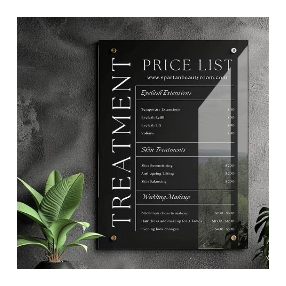 Personalisierte Acryl Preisliste mit QR-Code für Spa und Salon, Wanddekoration in Schwarz oder Weiß, Rechteckig, B/H: 29,7 x 29,7 cm - Bild 1
