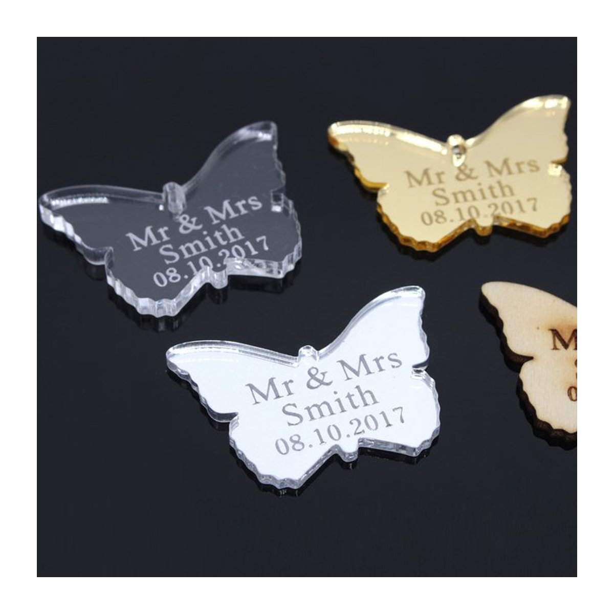 Personalisierte Acryl Schmetterling Spiegel in Silber oder Gold für Hochzeit, Baby Taufe und Dekoration mit individuellem Namen oder Gravur - Bild 1
