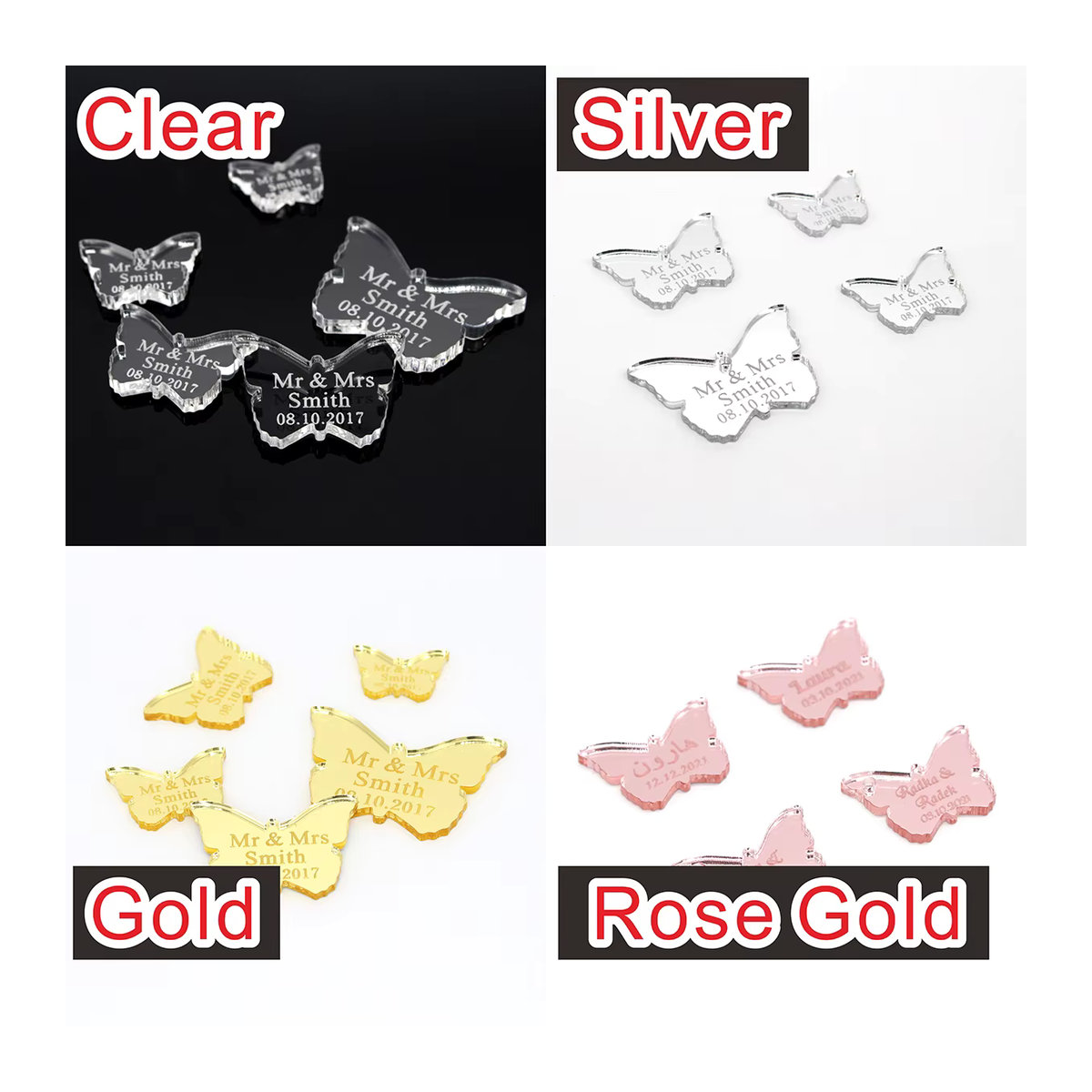 Personalisierte Acryl Schmetterling Spiegel in Silber oder Gold für Hochzeit, Baby Taufe und Dekoration mit individuellem Namen oder Gravur - Bild 2