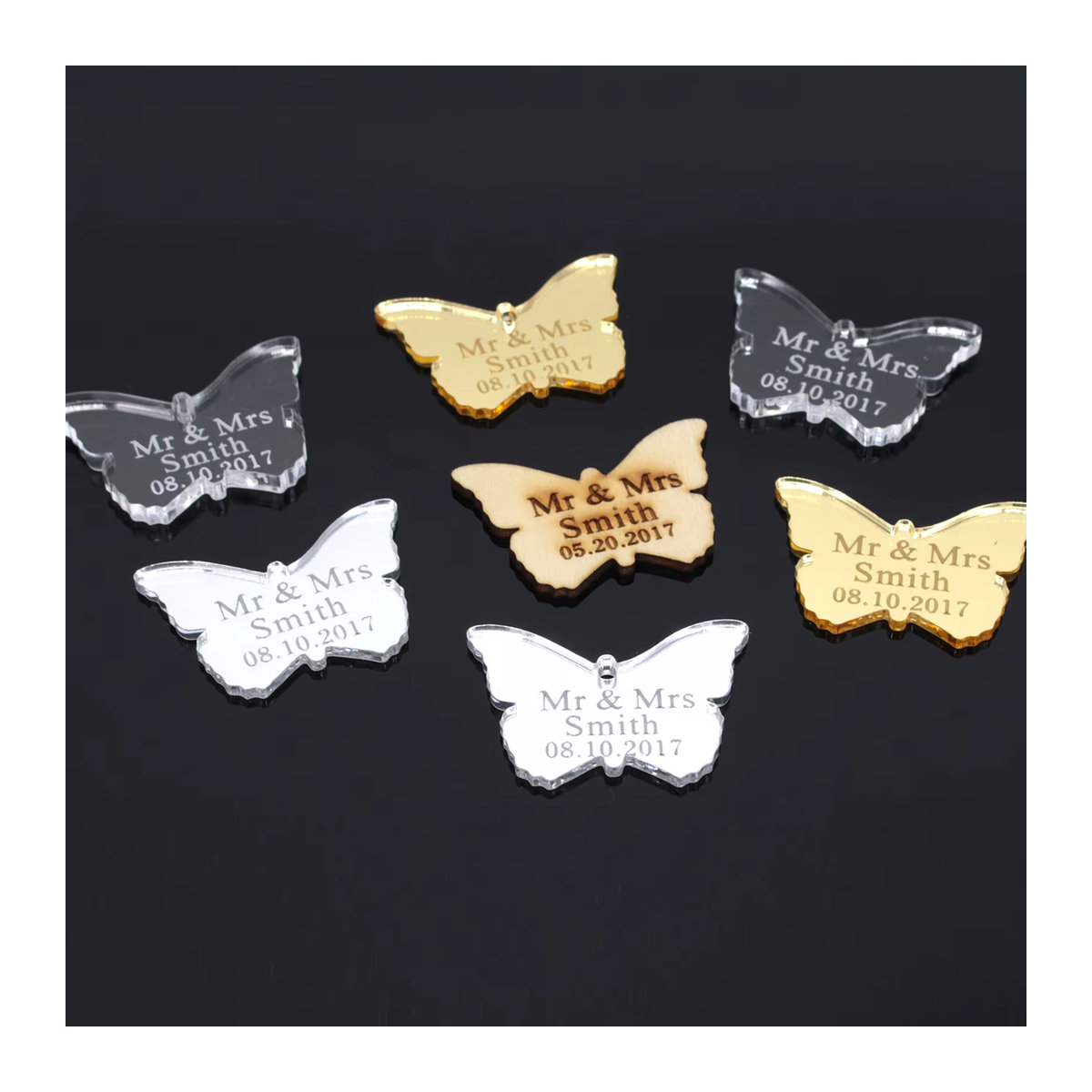 Personalisierte Acryl Schmetterling Spiegel in Silber oder Gold für Hochzeit, Baby Taufe und Dekoration mit individuellem Namen oder Gravur - Bild 3