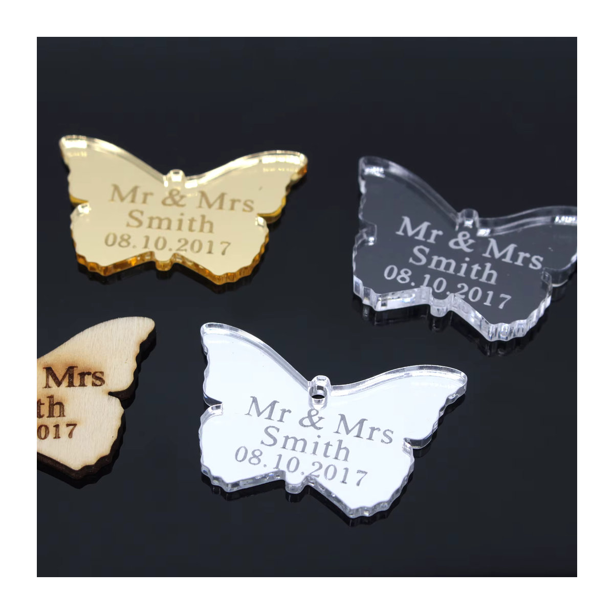 Personalisierte Acryl Schmetterling Spiegel in Silber oder Gold für Hochzeit, Baby Taufe und Dekoration mit individuellem Namen oder Gravur - Bild 4