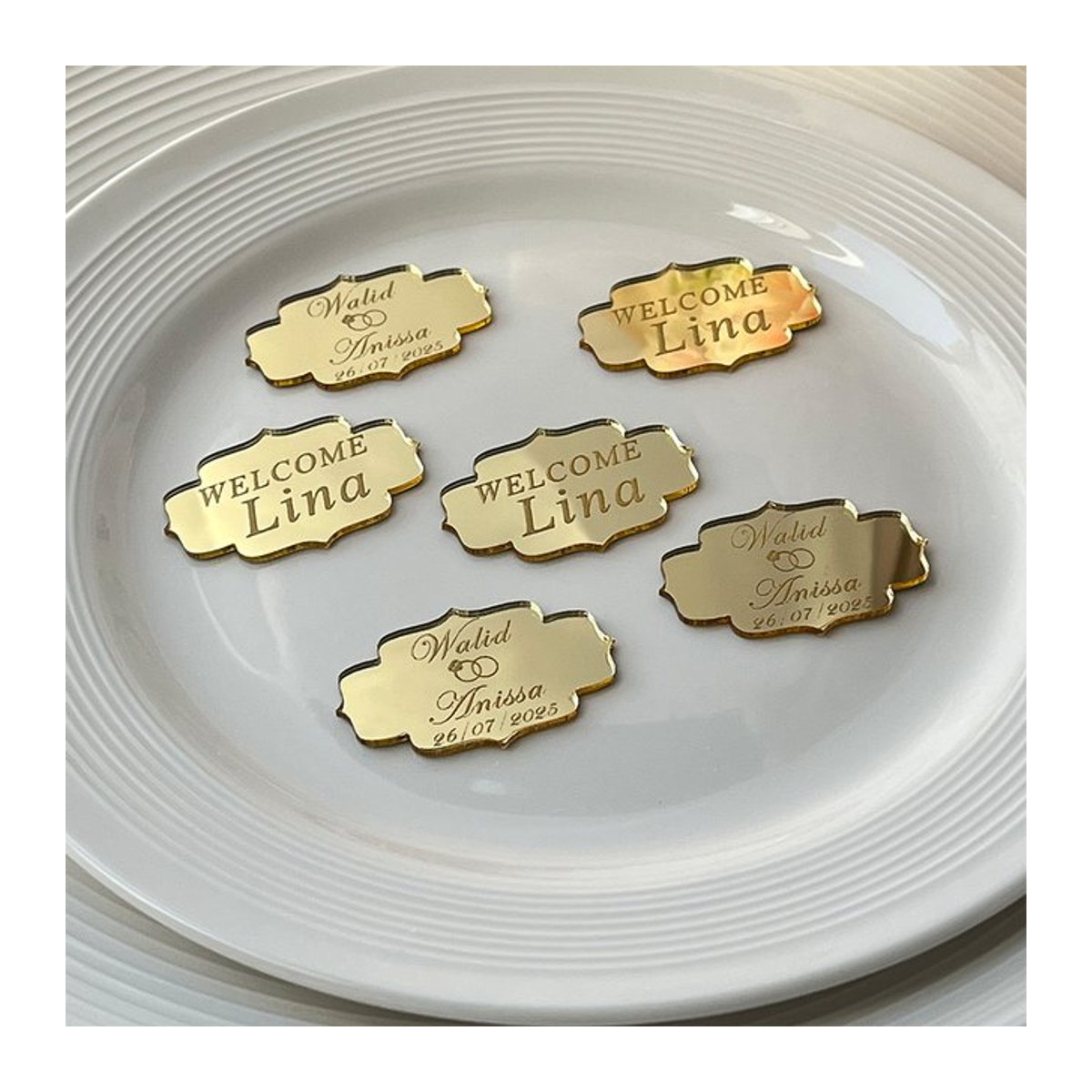 Personalisierte Acryl-Spiegelanhänger mit Gravur in Silber oder Gold für Hochzeit, Taufe und Babyparty - Bild 1