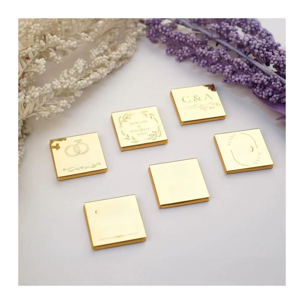 Personalisierte Acrylspiegel quadratisch in Schokolade und Gold als individuelle Gastgeschenke für Hochzeit oder Taufe - Bild 3
