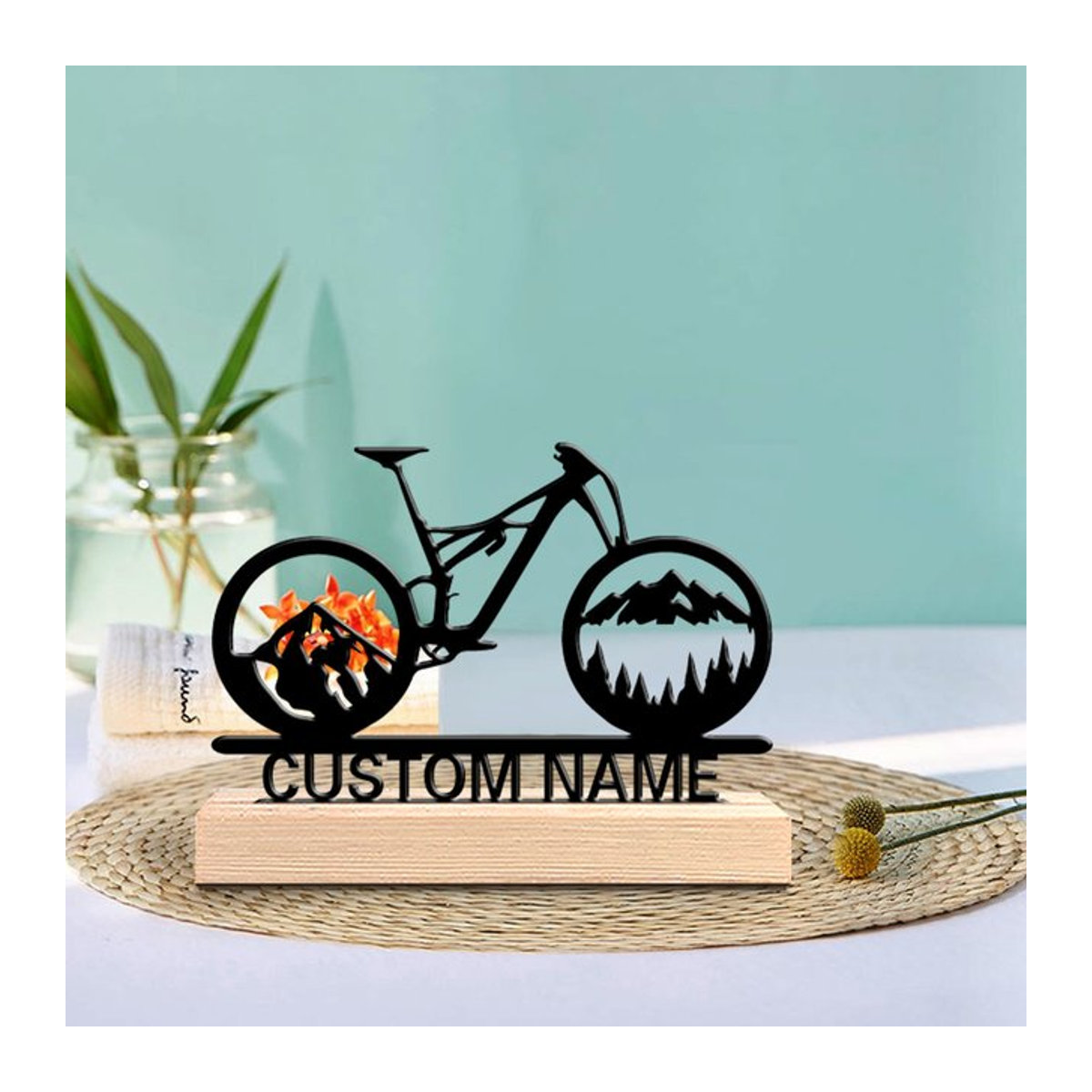 Personalisierte Fahrrad-Metallstatue mit Holzsockel in Schwarz für Musiker und Orchesterfans - Bild 1