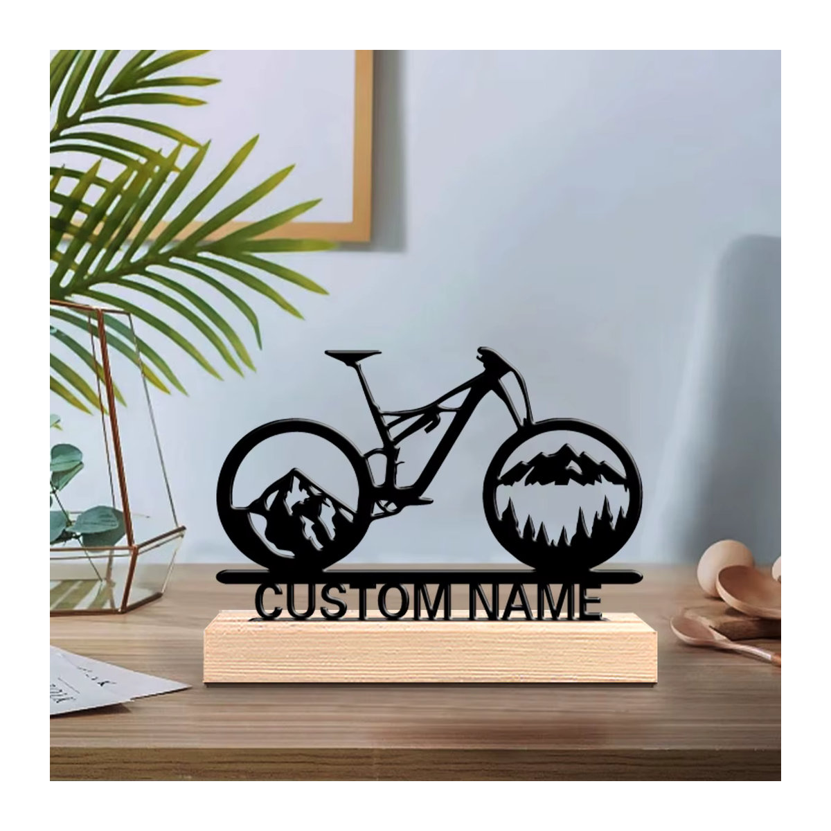 Personalisierte Fahrrad-Metallstatue mit Holzsockel in Schwarz für Musiker und Orchesterfans - Bild 2