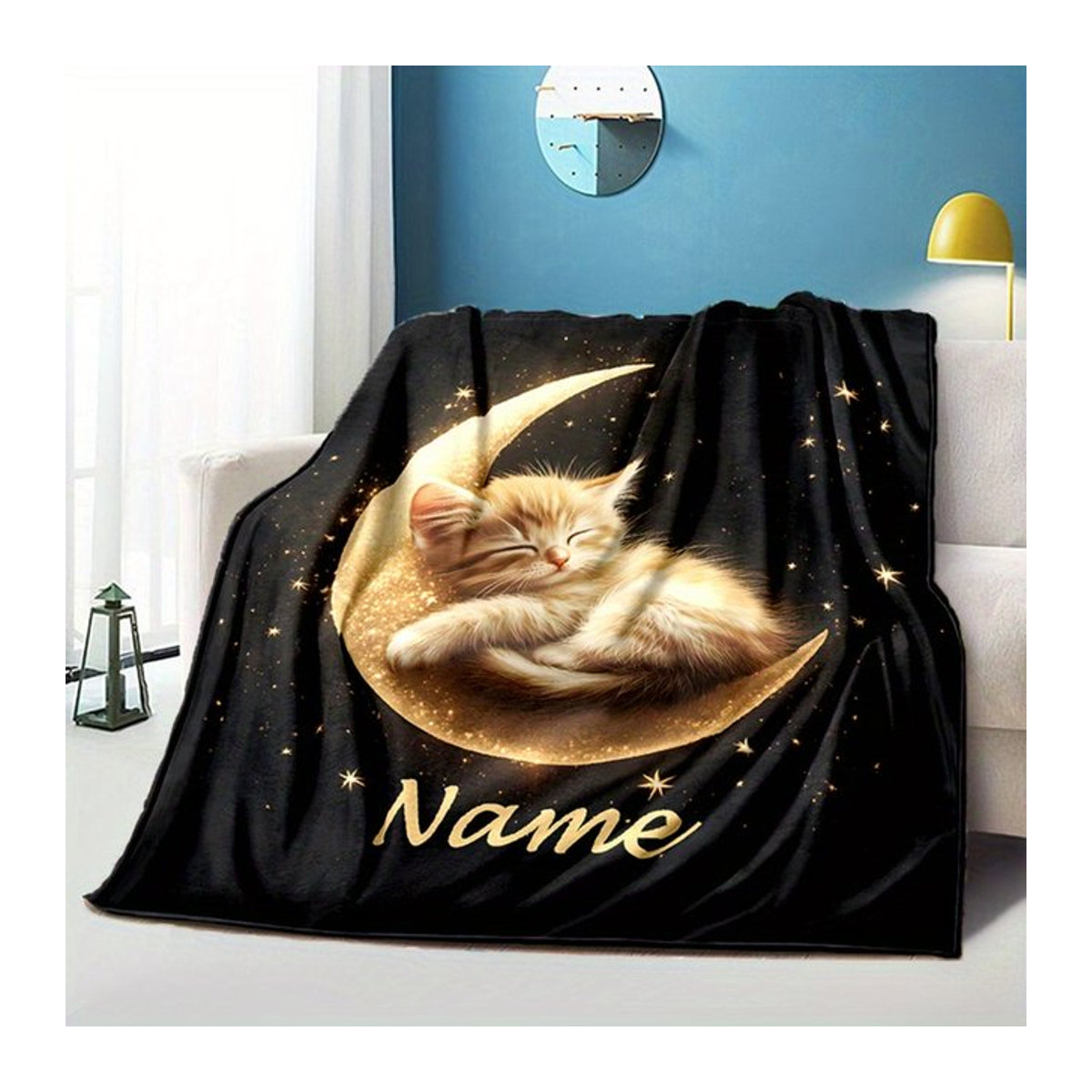 Personalisierte Flanelldecke mit Katzenmotiv und deinem Namen in Schwarz für Bett und Sofa - Bild 1