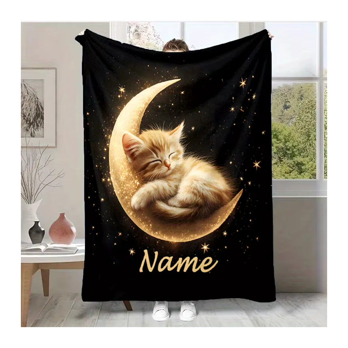 Personalisierte Flanelldecke mit Katzenmotiv und deinem Namen in Schwarz für Bett und Sofa - Bild 2