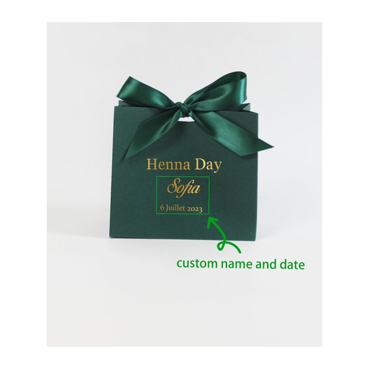 Personalisierte Henna Day Mini-Geschenkboxen mit grünem Satinband für Hochzeiten - Bild 1
