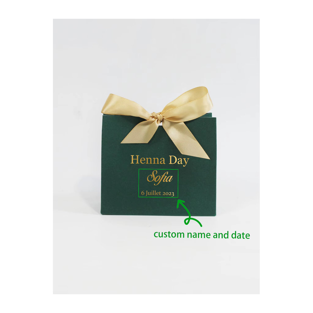 Personalisierte Henna Day Mini-Geschenkboxen mit grünem Satinband für Hochzeiten - Bild 2