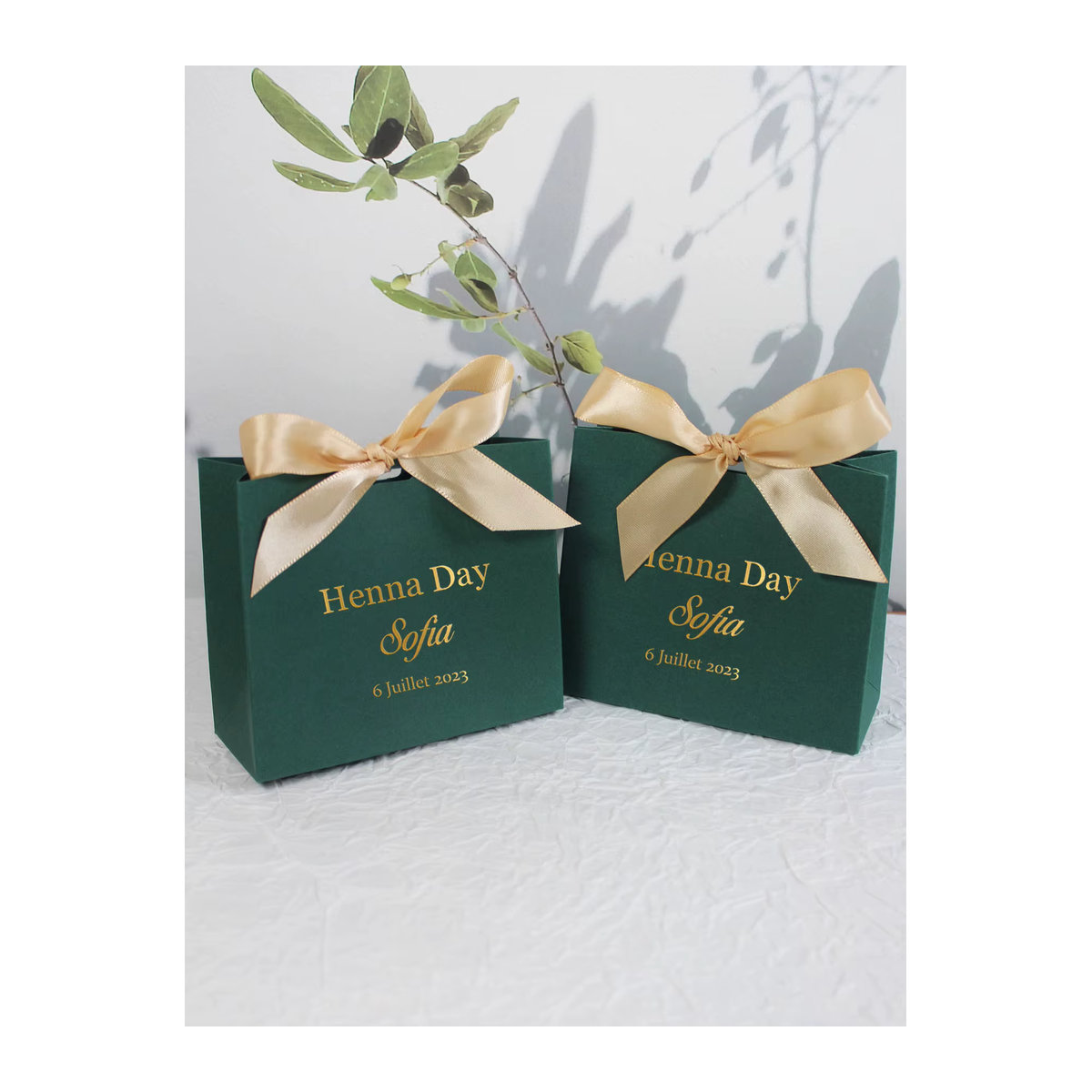 Personalisierte Henna Day Mini-Geschenkboxen mit grünem Satinband für Hochzeiten - Bild 3