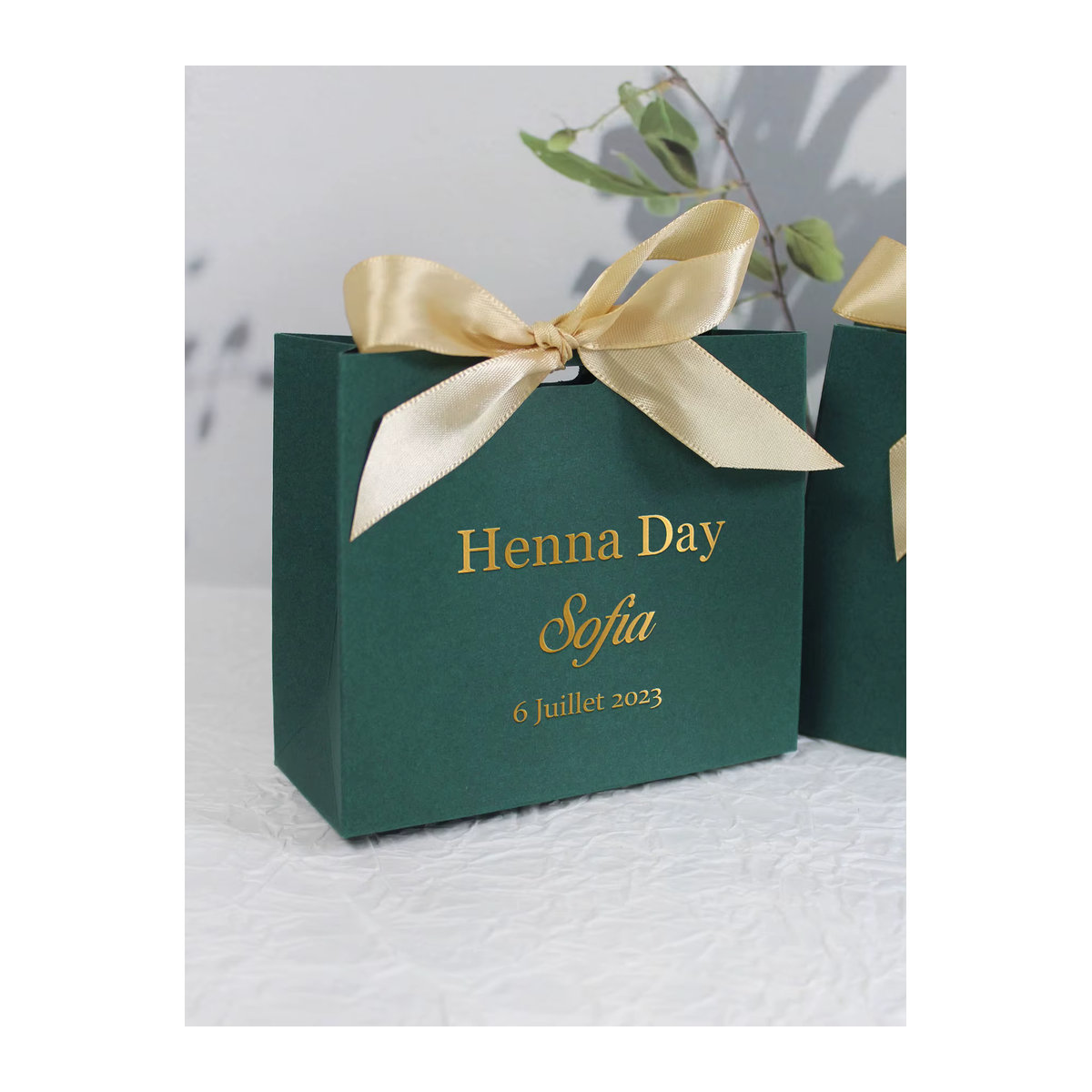 Personalisierte Henna Day Mini-Geschenkboxen mit grünem Satinband für Hochzeiten - Bild 4
