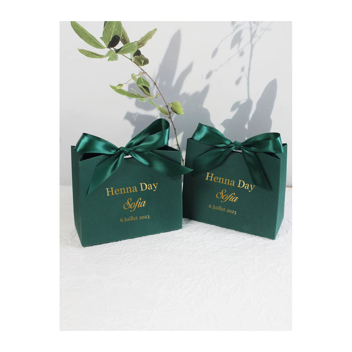Personalisierte Henna Day Mini-Geschenkboxen mit grünem Satinband für Hochzeiten - Bild 5