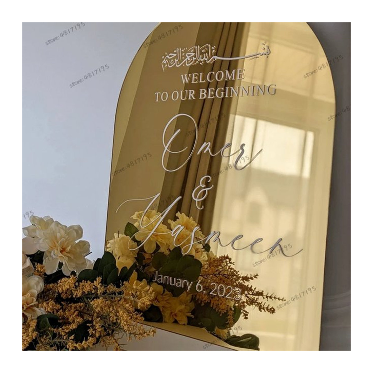 Personalisierte Hochzeitsaufkleber für gewölbte Spiegel in Gold und Grau zur individuellen Beschilderung - Bild 1