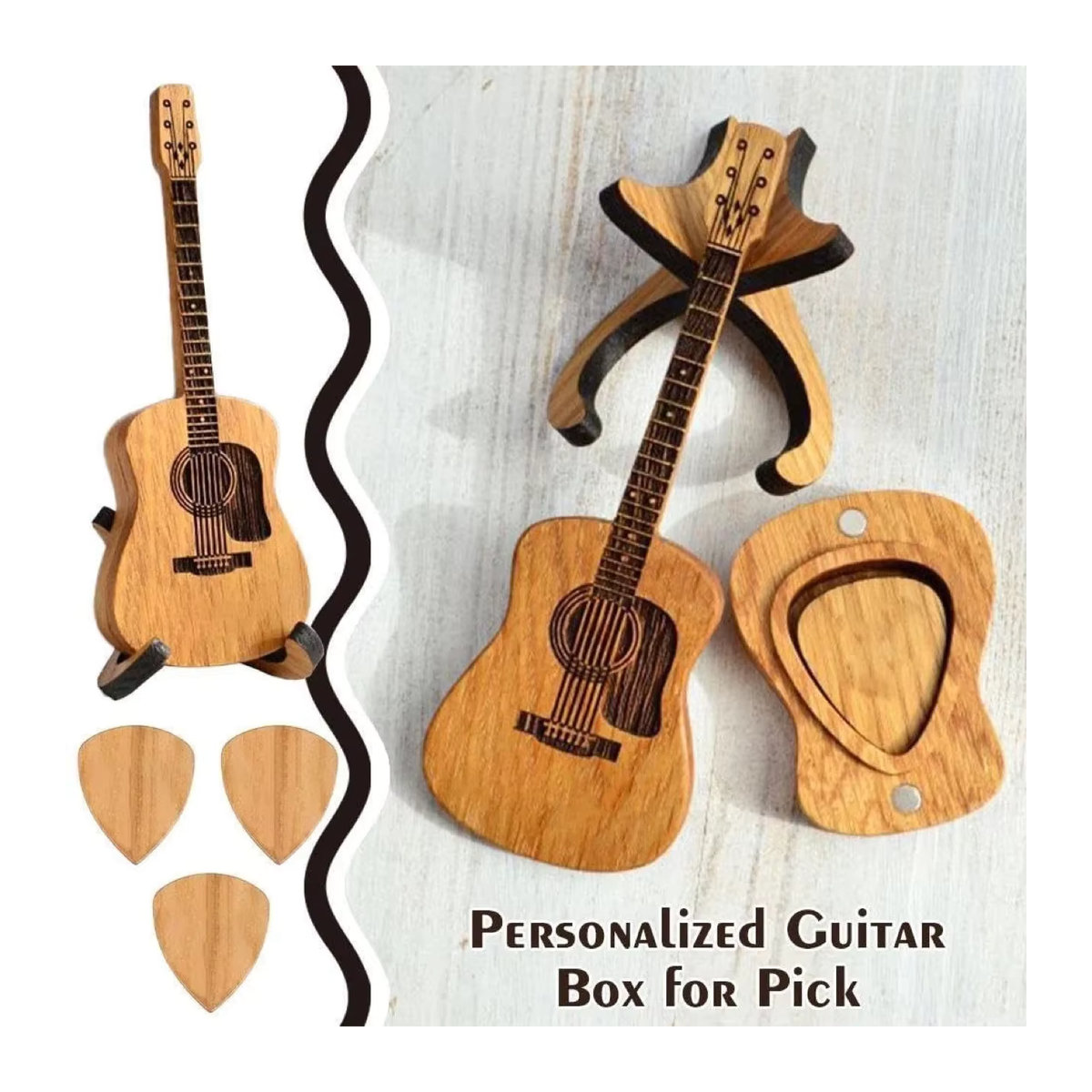 Personalisierte Holz-Gitarrenplektrum-Box mit 3 gravierten Plektren in Braun - Bild 2