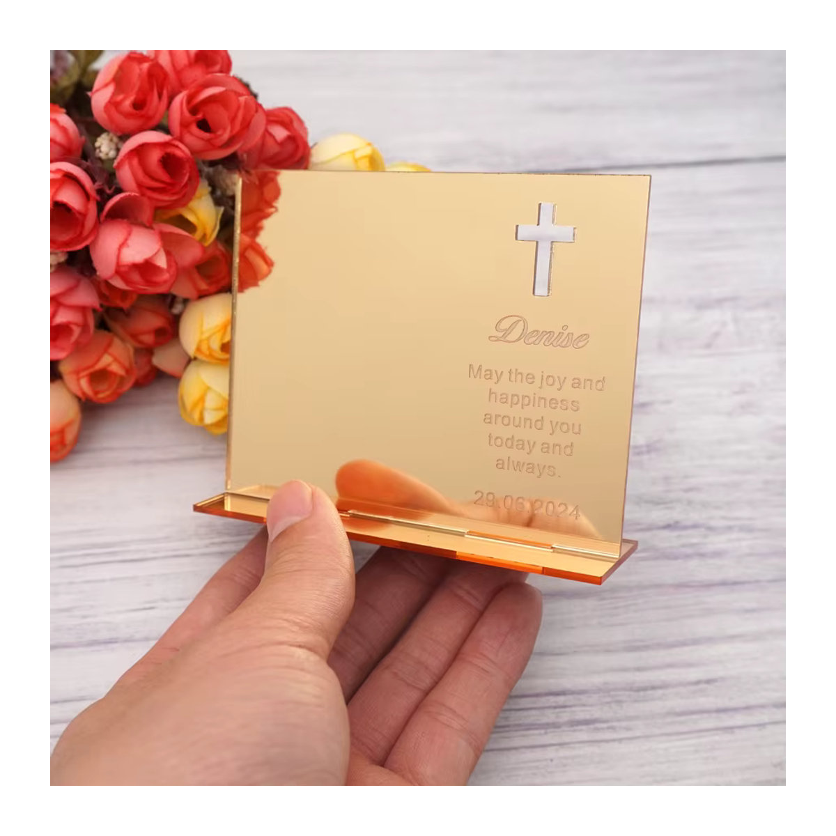 Personalisierter Acryl-Spiegel-Fotorahmen von JEHOADDAN in Rose Gold, rechteckige Tischdekoration für Taufe oder Babyparty, B/H: 10 x 8 cm - Bild 2