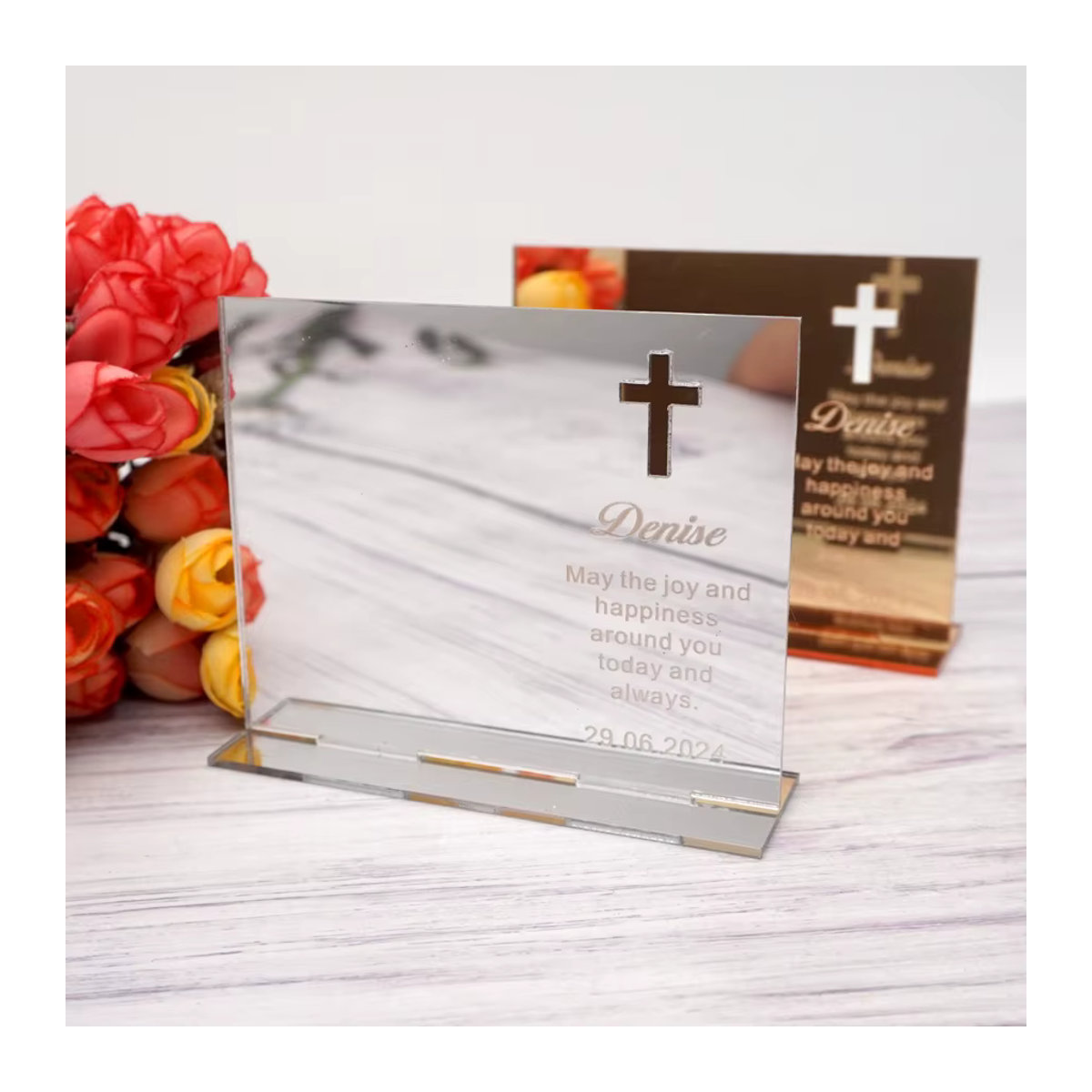 Personalisierter Acryl-Spiegel-Fotorahmen von JEHOADDAN in Rose Gold, rechteckige Tischdekoration für Taufe oder Babyparty, B/H: 10 x 8 cm - Bild 3