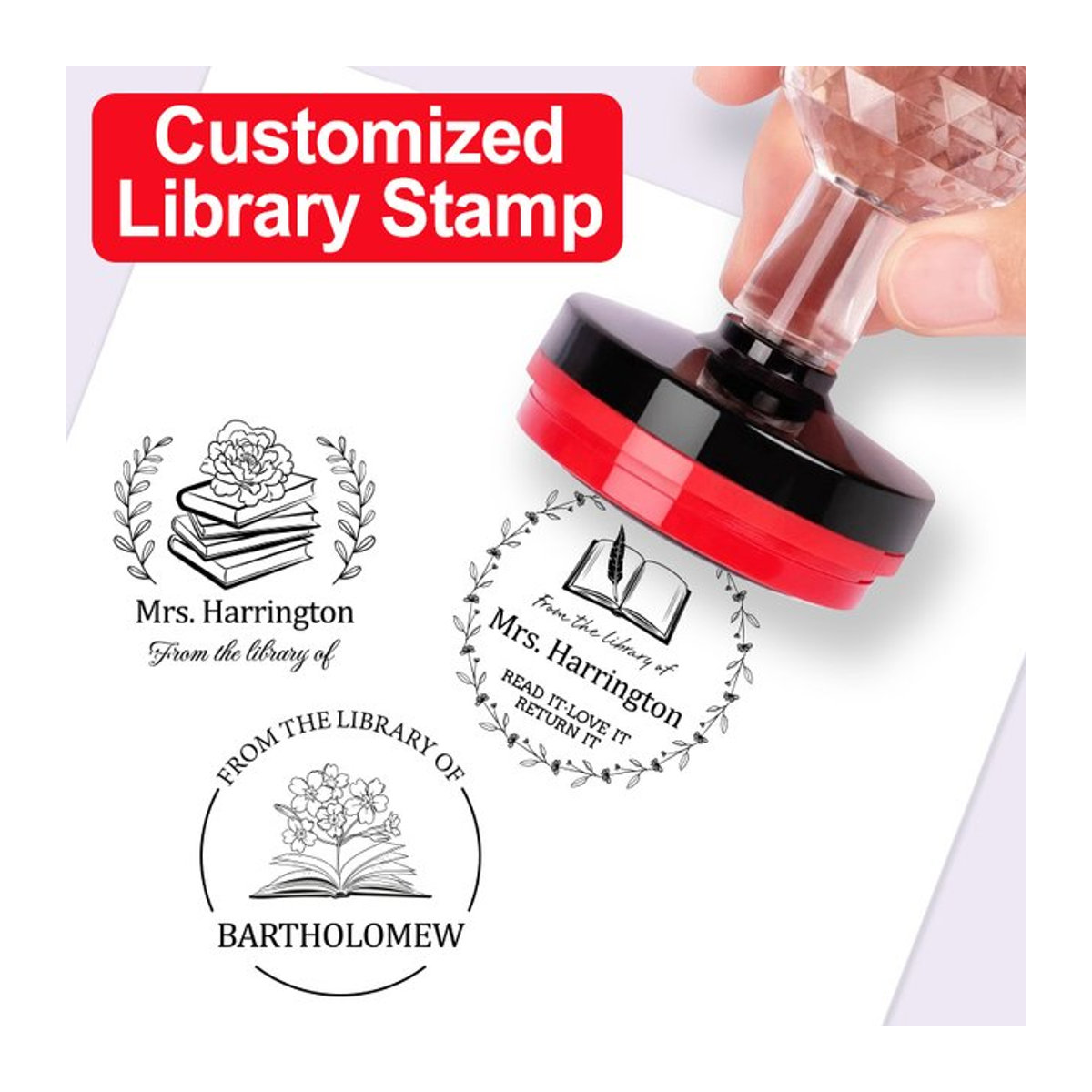 Personalisierter Buchstempel mit individuellem Text, runder Ex-Bibliotheks-Siegel aus Kunststoff in Schwarz - Bild 1