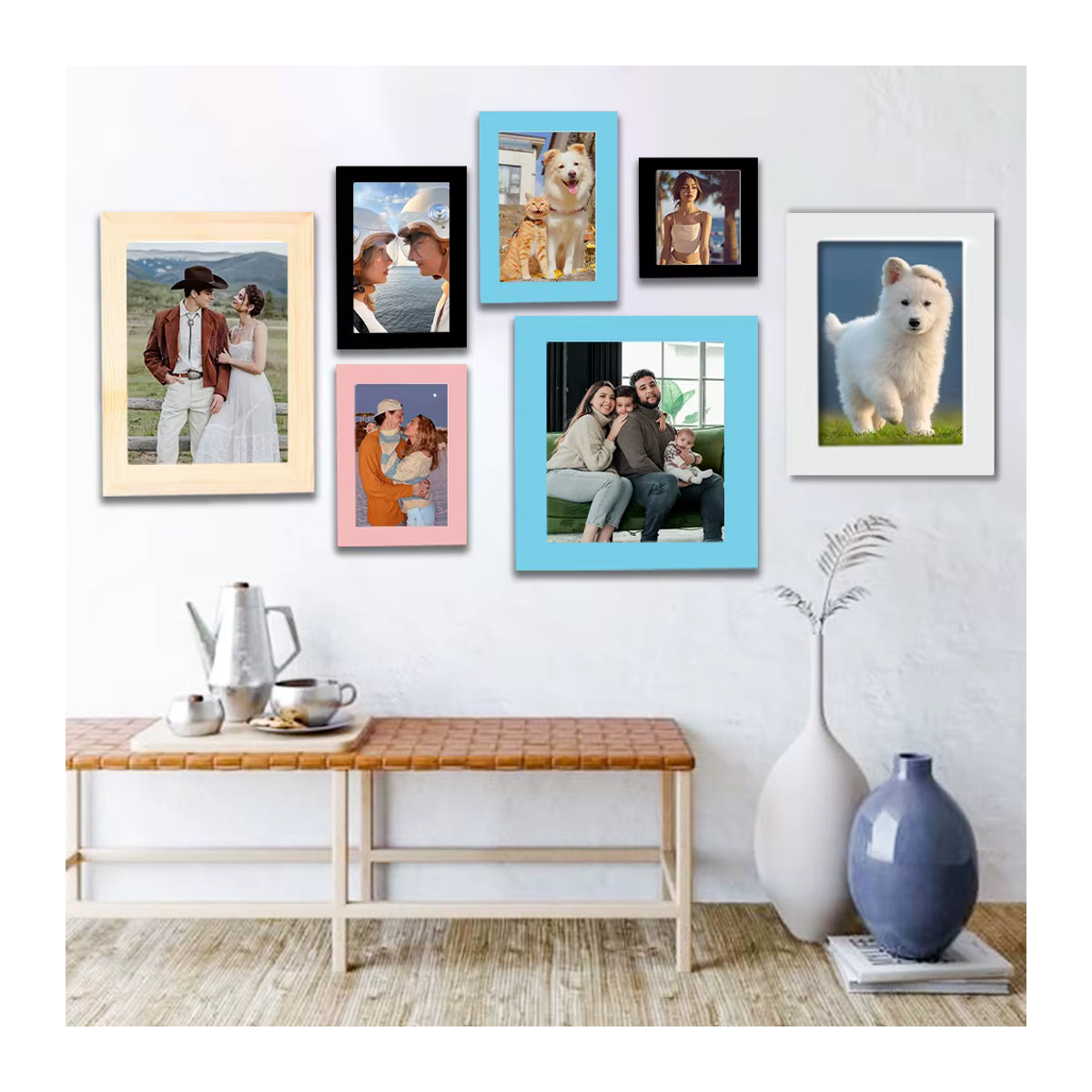 Personalisierter Fotorahmen aus Holz in Schwarz und Mehrfarbig für die Wandmontage, Rechteckig, Minimalistisches Design - Bild 5