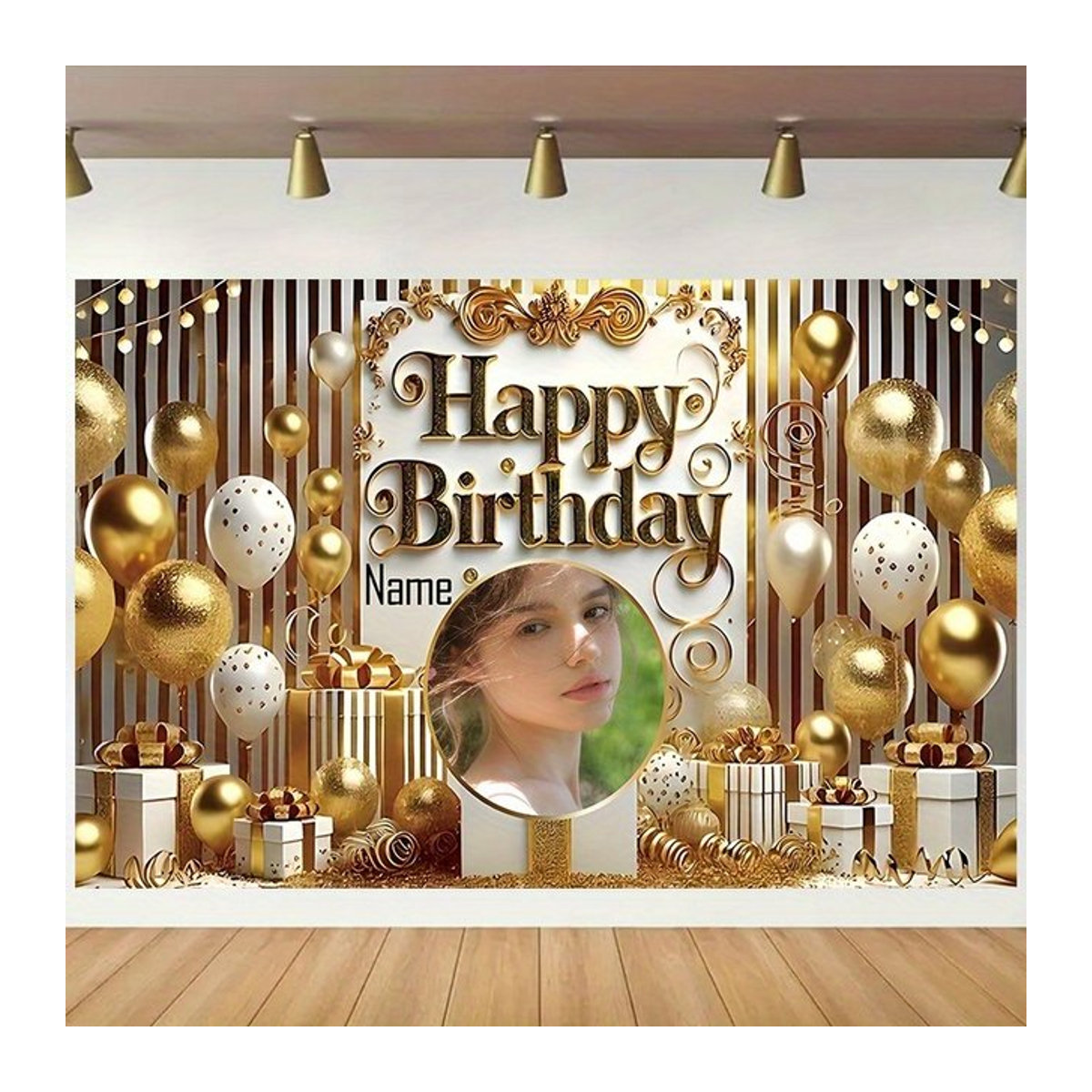 Personalisierter Geburtstagsparty-Hintergrund in Gold und Mehrfarbig mit individuellem Namen, Ballon, Stern und Geschenkbox-Design - Bild 1