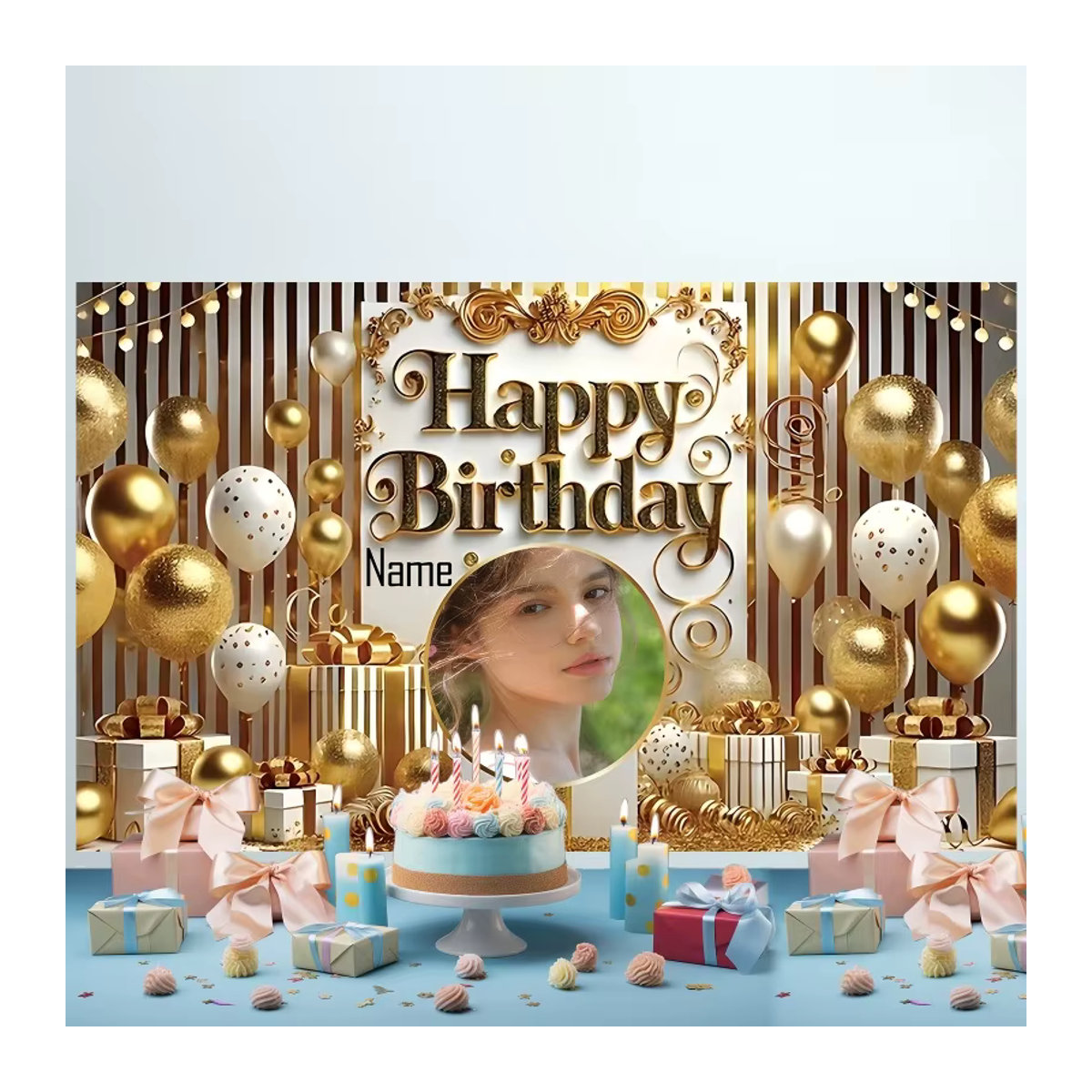 Personalisierter Geburtstagsparty-Hintergrund in Gold und Mehrfarbig mit individuellem Namen, Ballon, Stern und Geschenkbox-Design - Bild 2