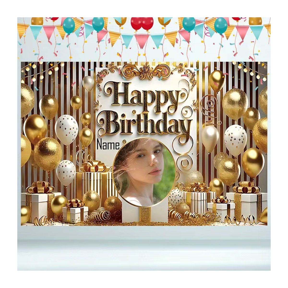 Personalisierter Geburtstagsparty-Hintergrund in Gold und Mehrfarbig mit individuellem Namen, Ballon, Stern und Geschenkbox-Design - Bild 3