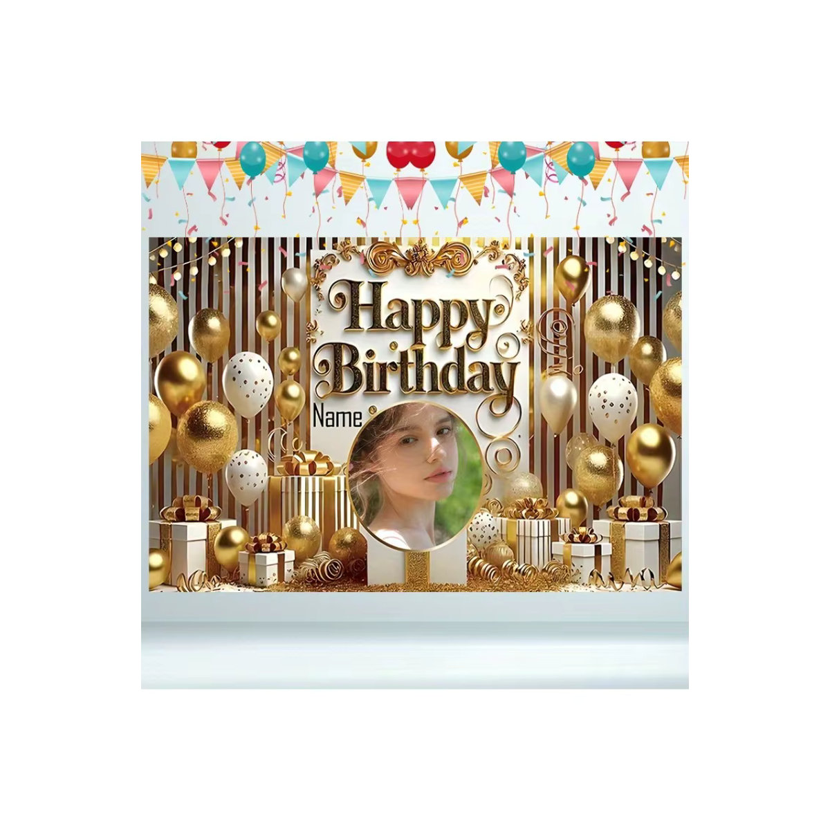 Personalisierter Geburtstagsparty-Hintergrund in Gold und Mehrfarbig mit individuellem Namen, Ballon, Stern und Geschenkbox-Design - Bild 4