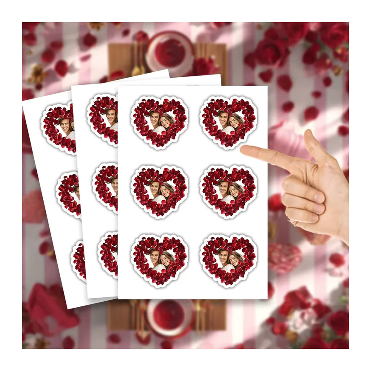 Personalisierter herzförmiger Fotoaufkleber von WEIGAO mit roter Rose und floralem Design in Rot für den Valentinstag - Bild 2