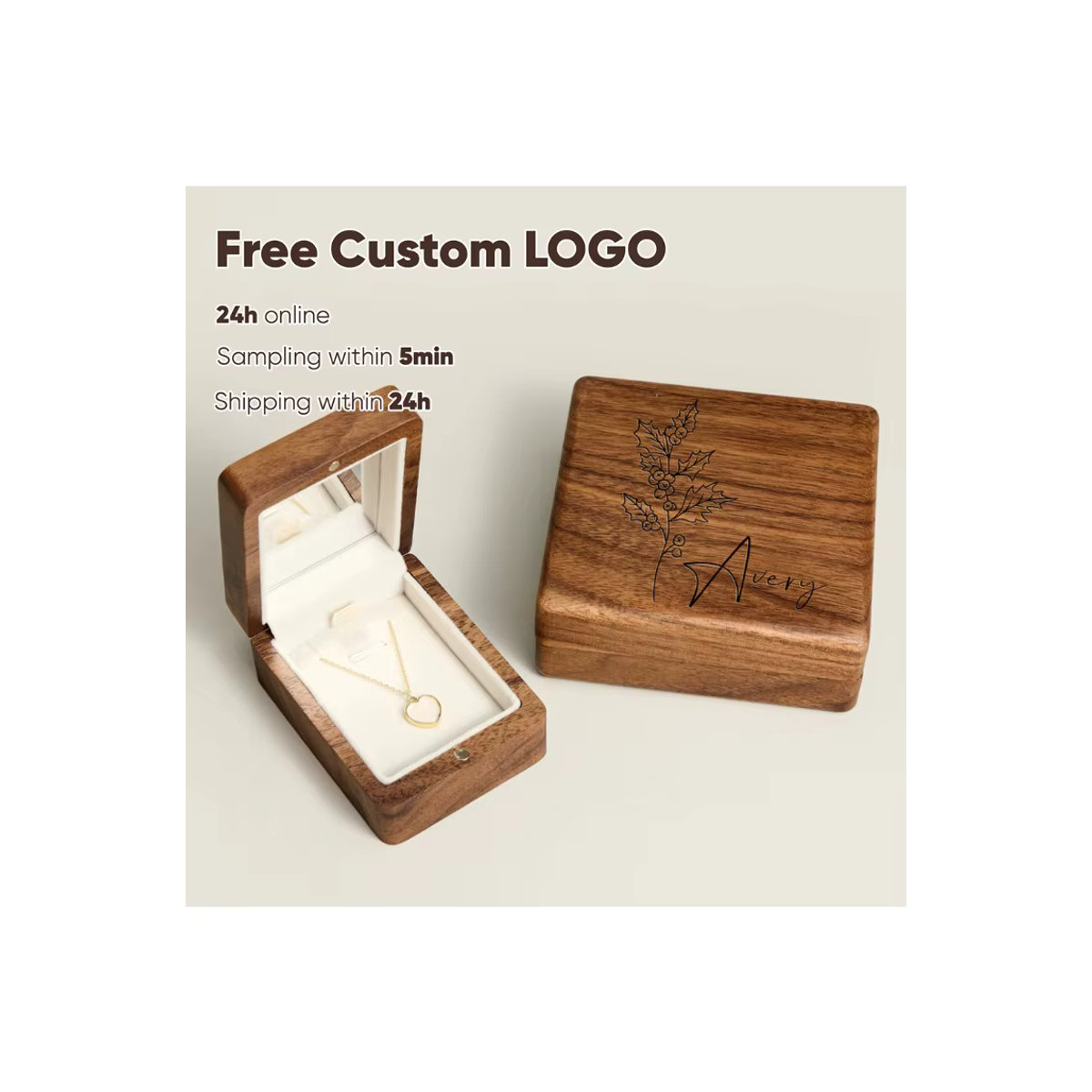 Personalisierter Schmuckständer aus Massivholz mit Gravur für Halsketten und Armbänder, Braun, Quadratisch - Bild 1