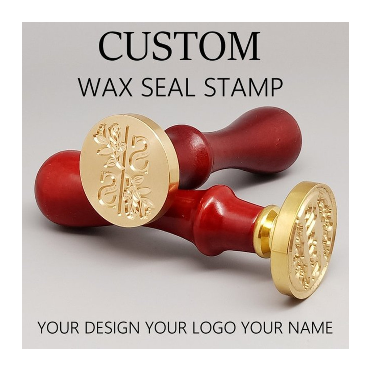 Personalisierter Wachssiegelstempel von xiuzhang mit 2 Initialen in Rot aus Holz für Hochzeiten und Einladungen mit floralem Design - Bild 1