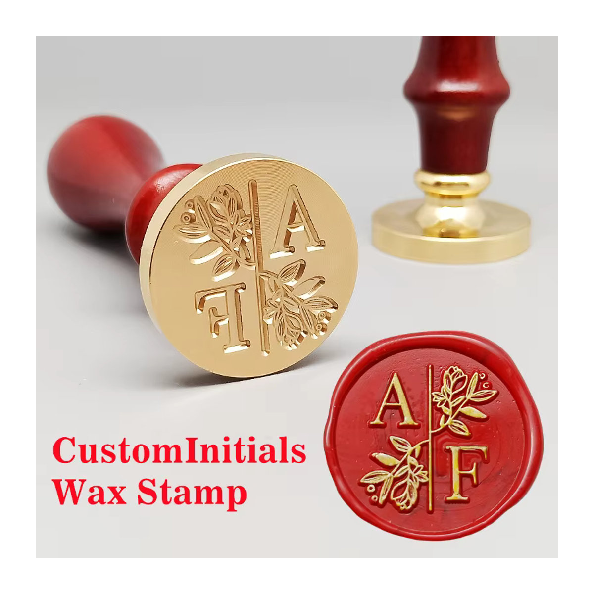 Personalisierter Wachssiegelstempel von xiuzhang mit 2 Initialen in Rot aus Holz für Hochzeiten und Einladungen mit floralem Design - Bild 2
