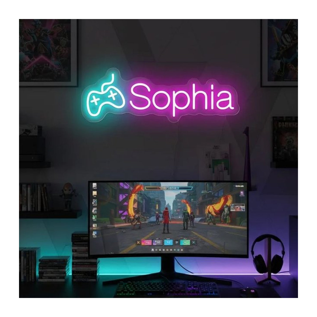 Personalisiertes Gamer-Neonschild mit Game-Controller-Design, LED-Wanddekoration aus Kunststoff, USB-betrieben, Farben: Rot, Rosa oder Bunt, Breite: 25,4 cm - Bild 1