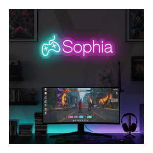 Personalisiertes Gamer-Neonschild mit Game-Controller-Design, LED-Wanddekoration aus Kunststoff, USB-betrieben, Farben: Rot, Rosa oder Bunt, Breite: 25,4 cm