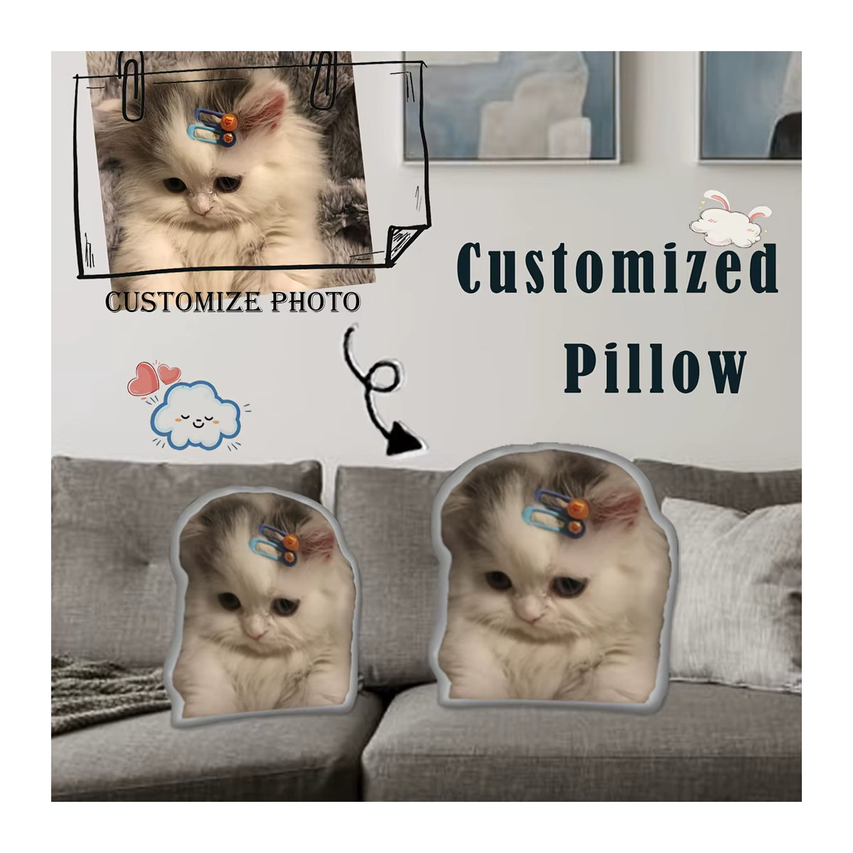 Personalisiertes Haustierkissen mit 3D-Plüschpuppe und doppelseitigem Druck für Hund oder Katze in Weiß - Bild 2