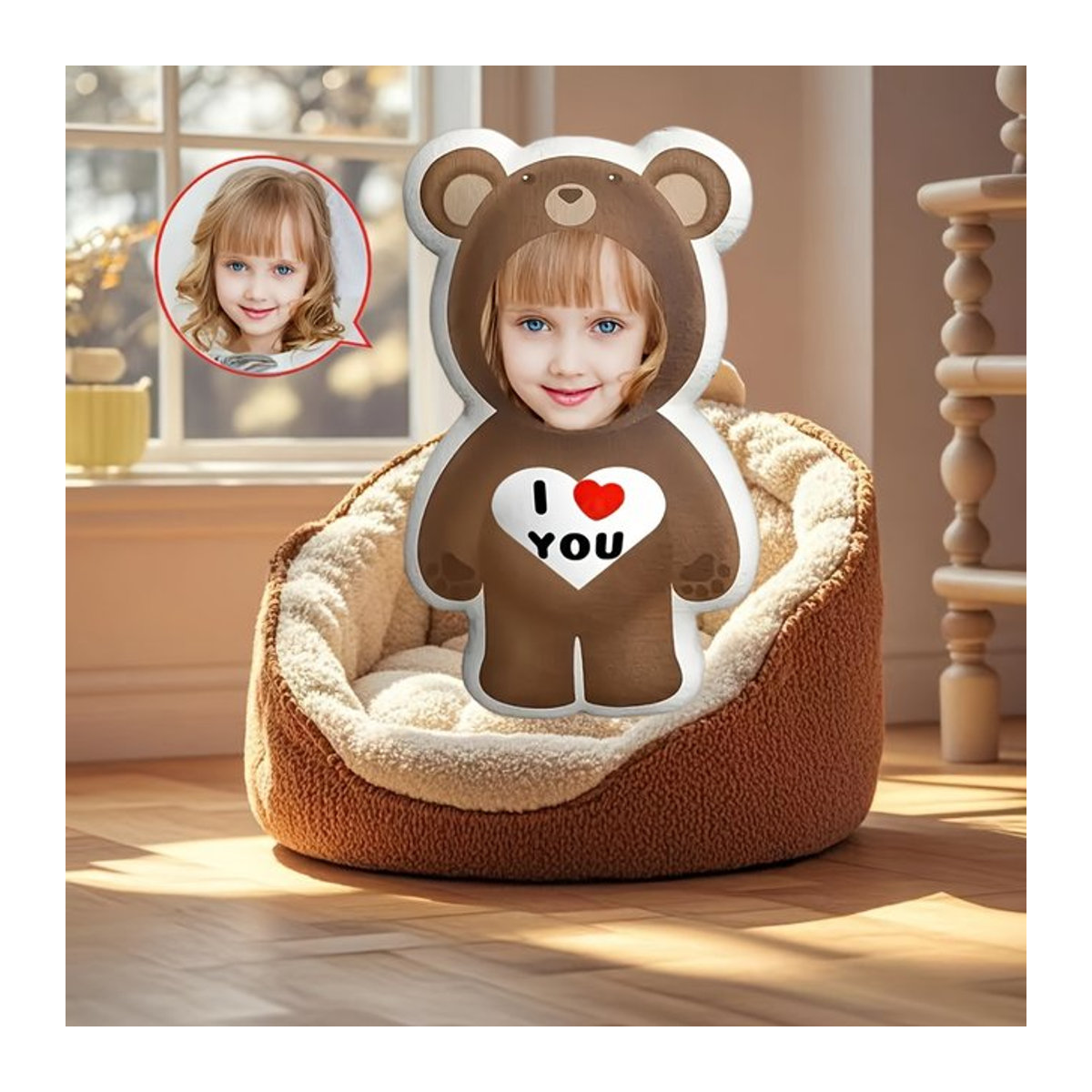 Personalisiertes Love Bear Plüschkissen in Braun mit doppelseitigem Design aus weicher Polyesterfaser - Bild 1