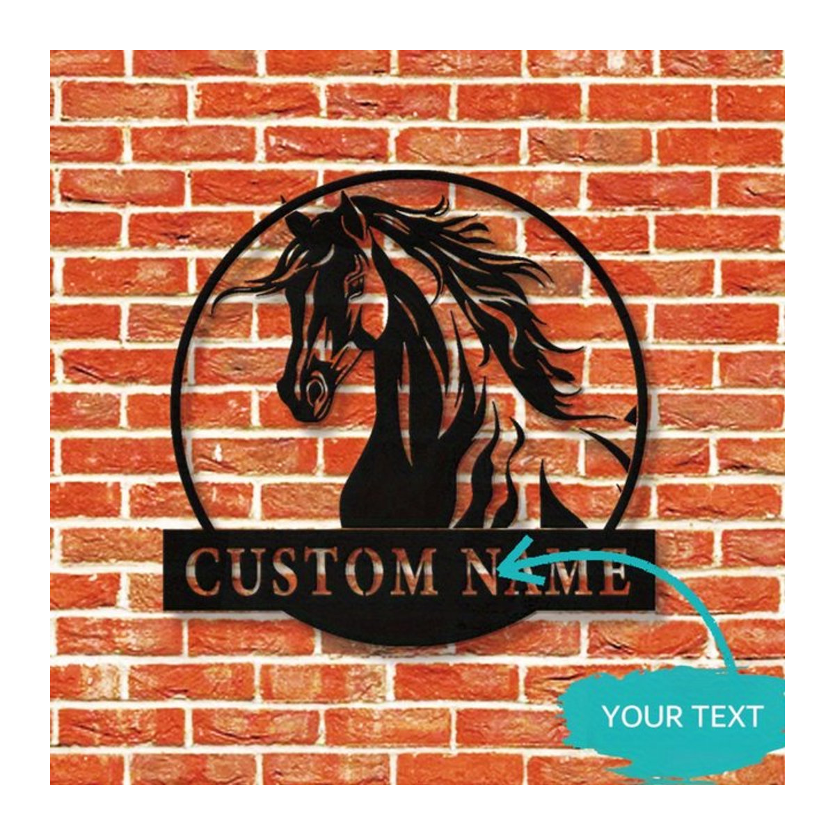 Personalisiertes Metall-Wandkunst-Schild Hello Young in Schwarz, handgefertigtes rundes Pferde-Willkommensschild im rustikalen Design zur Wandmontage - Bild 1