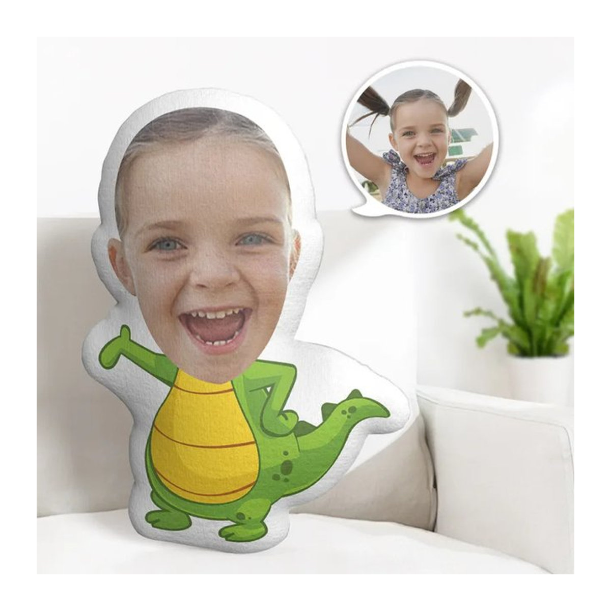 Personalisiertes MiniMe Dinosaurier Fotokissen mit Gesicht für Kinder, gelb und mehrfarbig - Bild 1