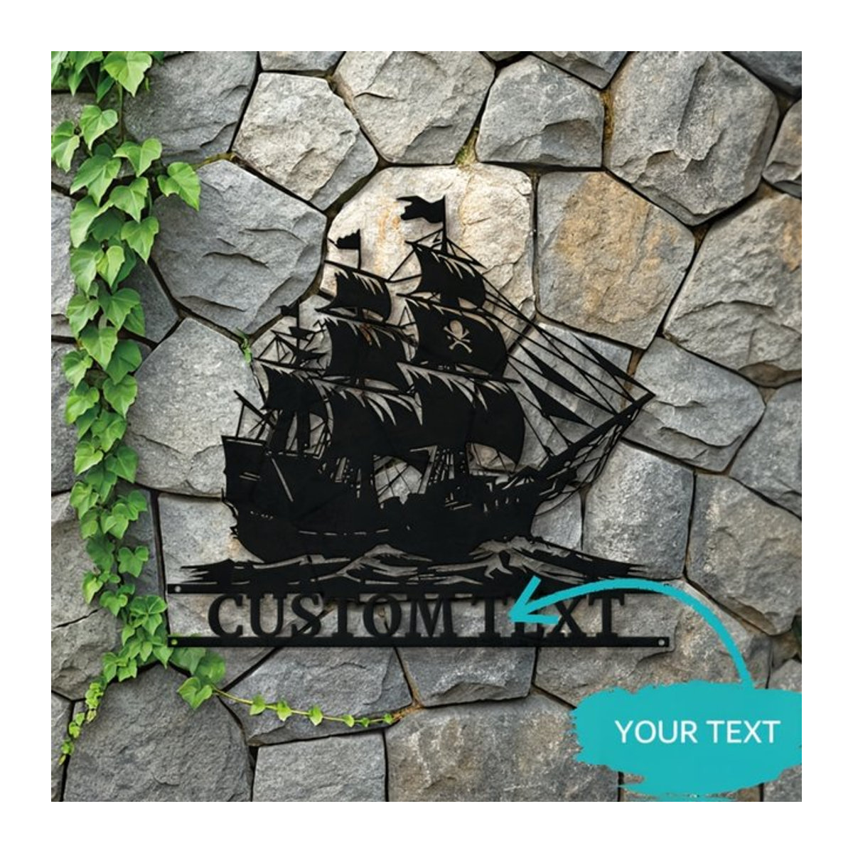 Personalisiertes Piratenschiff-Metallschild von Hello Young in Schwarz für die Wandmontage im maritimen Design - Bild 1