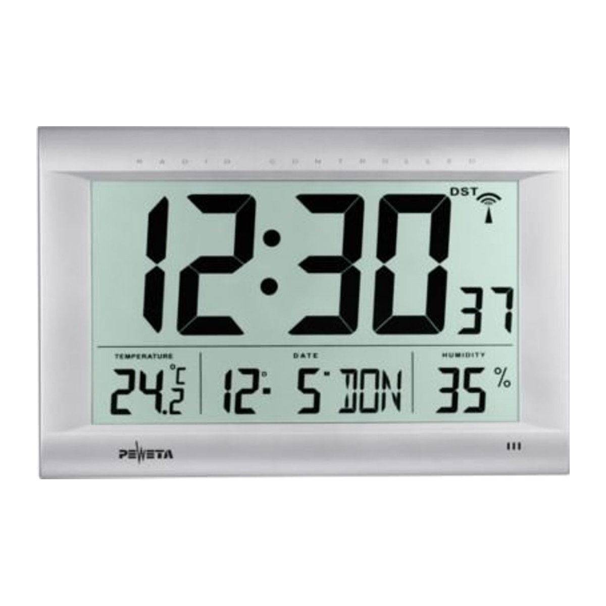 PEWETA Uhren Funk-Digitalwanduhr DCF 77 mit LC-Display, Thermometer und Hygrometer in Silber und Weiß - Bild 1